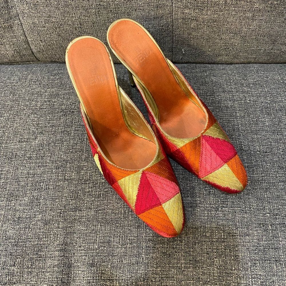 Fendi Red and Gold Geometric Mules